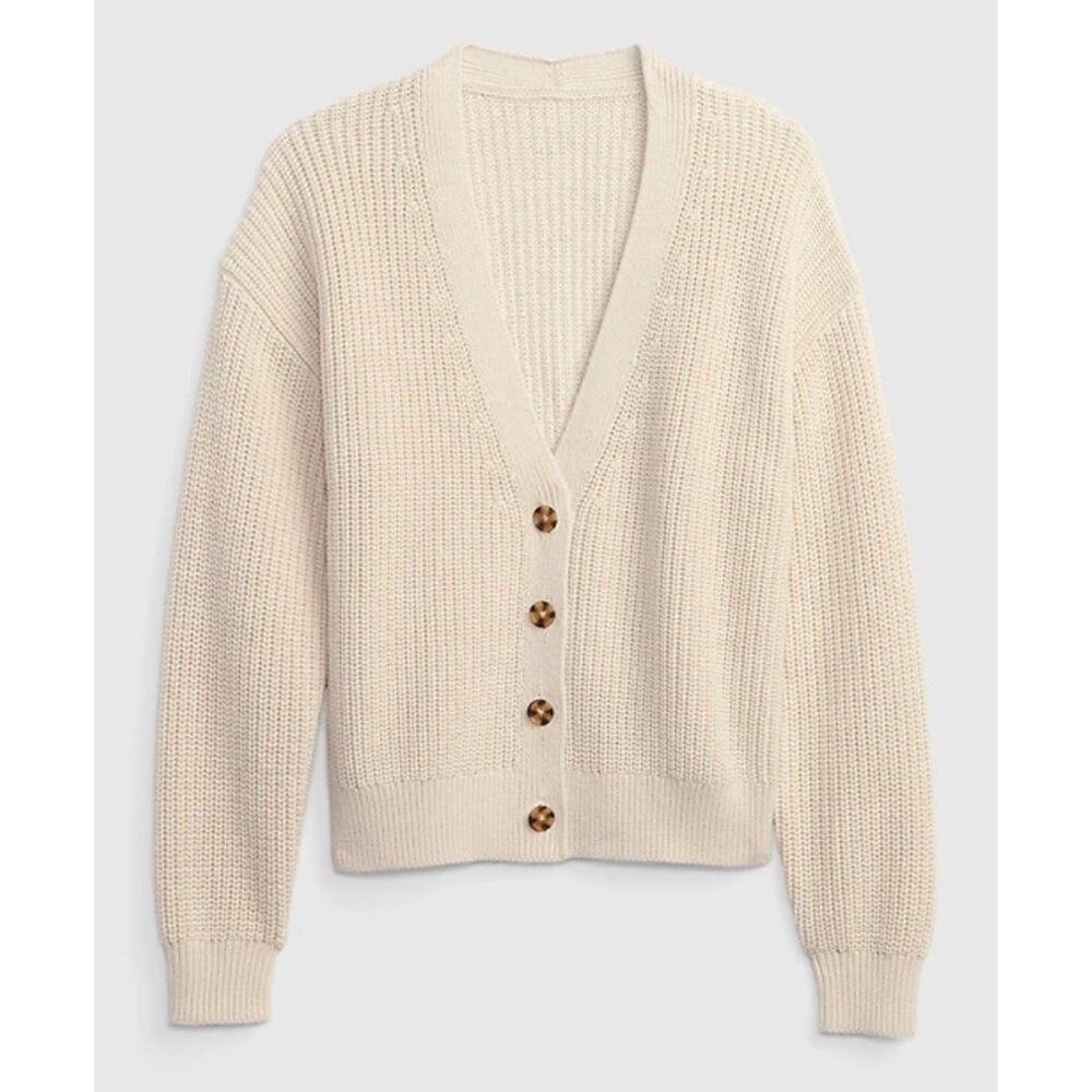 Gap Shaker Stitch Fisherman Cardigan Sweater Womens Beige Cotton Cozy Sz XS